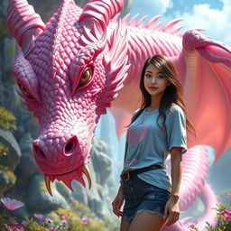 A young woman with brunette hair, wearing a stylish T-shirt and a fashionable mini-skirt, posing confidently beside the grand and majestic head of a pink dragon