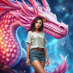 A young woman with brunette hair, wearing a stylish T-shirt and a fashionable mini-skirt, posing confidently beside the grand and majestic head of a pink dragon