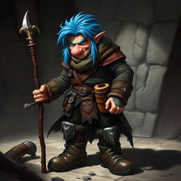 A realistic epic Dungeons and Dragons rogue character, featuring striking blue ice hair and big sideburns