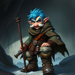 A realistic epic Dungeons and Dragons rogue character, featuring striking blue ice hair and big sideburns