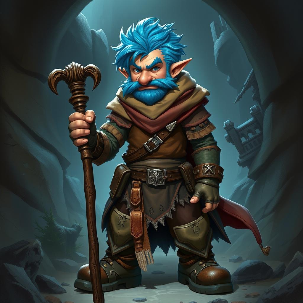 A realistic epic Dungeons and Dragons rogue character, featuring striking blue ice hair and big sideburns