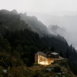 An isolated house situated high on a mist-shrouded mountain, surrounded by rugged natural beauty.