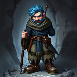 A realistic epic Dungeons and Dragons rogue character, featuring striking blue ice hair and big sideburns