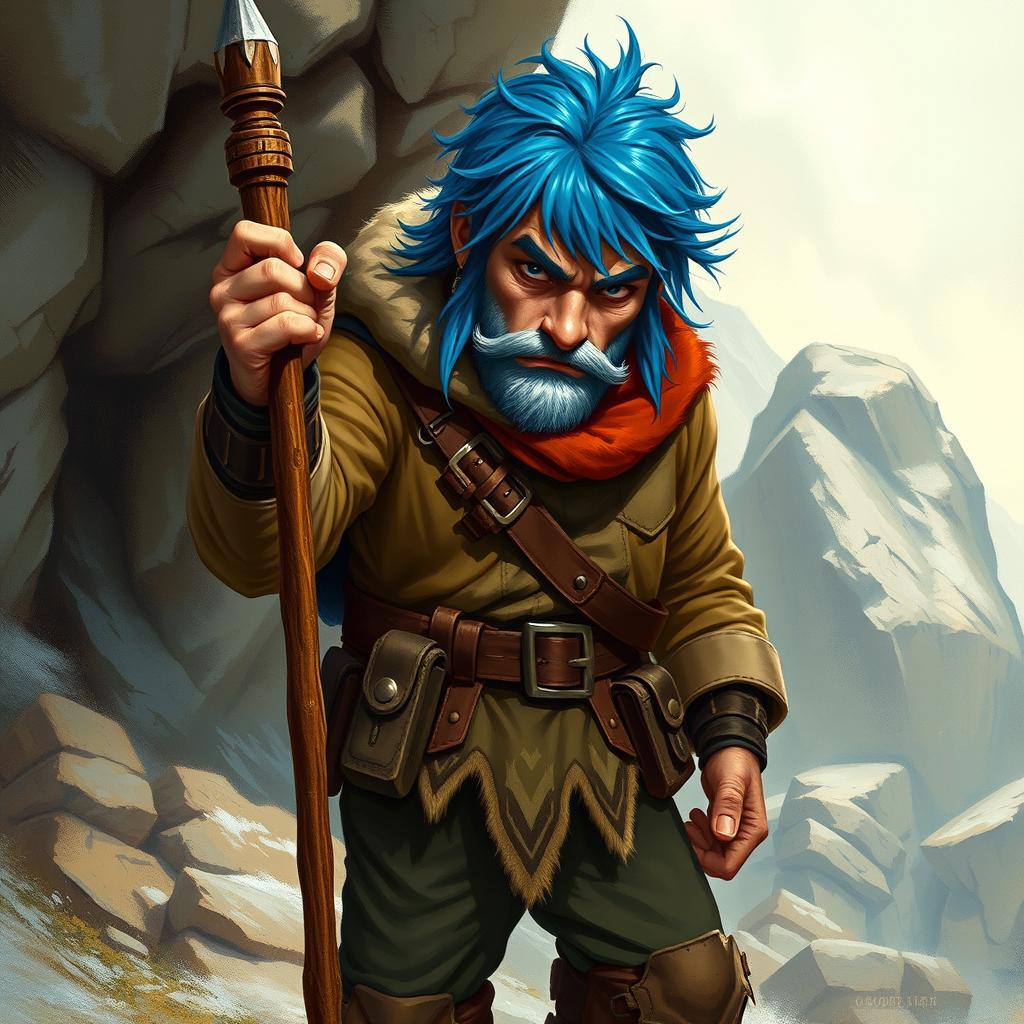 A realistic depiction of an epic Dungeons and Dragons ranger, featuring striking blue ice hair and pronounced big sideburns