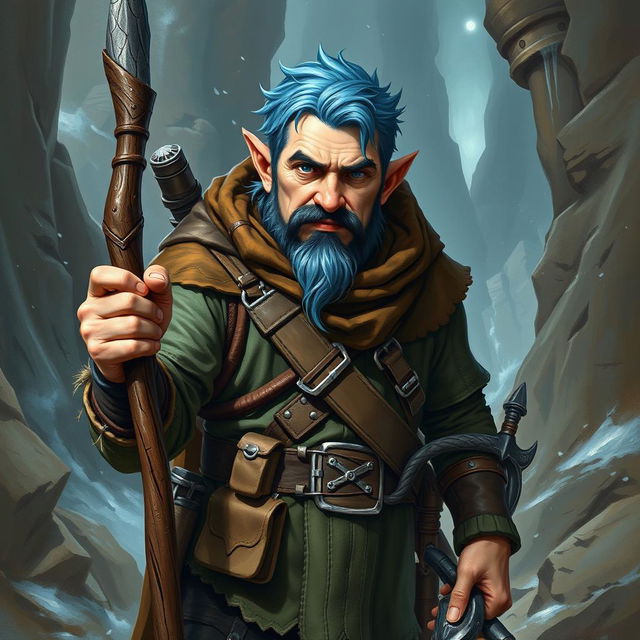 A realistic depiction of an epic Dungeons and Dragons ranger, featuring striking blue ice hair and pronounced big sideburns