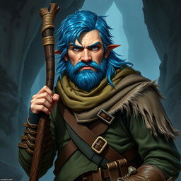 A realistic depiction of an epic Dungeons and Dragons ranger, featuring striking blue ice hair and pronounced big sideburns