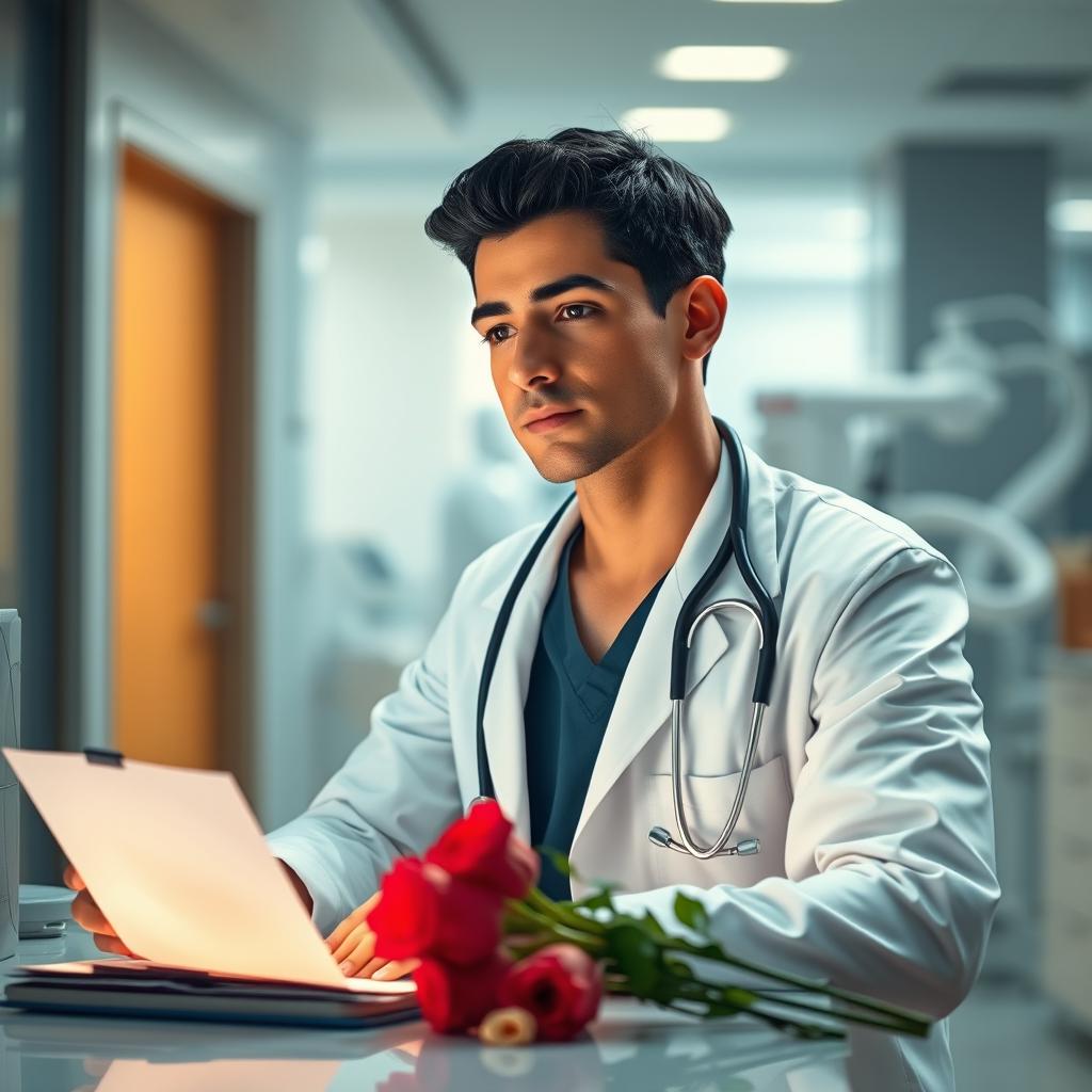 A doctor in a stylish, modern hospital setting, gazing dreamily at a love letter or bouquet of roses on their desk