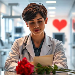 A doctor in a stylish, modern hospital setting, gazing dreamily at a love letter or bouquet of roses on their desk