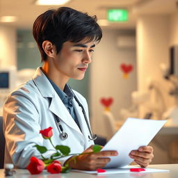 A doctor in a stylish, modern hospital setting, gazing dreamily at a love letter or bouquet of roses on their desk