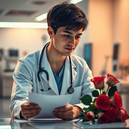 A doctor in a stylish, modern hospital setting, gazing dreamily at a love letter or bouquet of roses on their desk