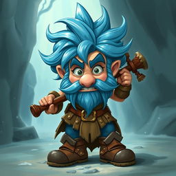 A realistic epic Dungeons and Dragons bromist, a character imbued with humor and charm, featuring striking blue ice hair and prominent big sideburns