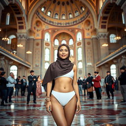 A woman wearing a stylish hijab bikini is standing confidently in the foreground of a grand mosque's interior