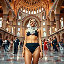 A woman wearing a stylish hijab bikini is standing confidently in the foreground of a grand mosque's interior