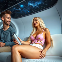 A tall, sexy 39-year-old Brazilian woman with long, straight blond hair, curvacious features, and 42DD bust, is resting on a sofa in a futuristic room