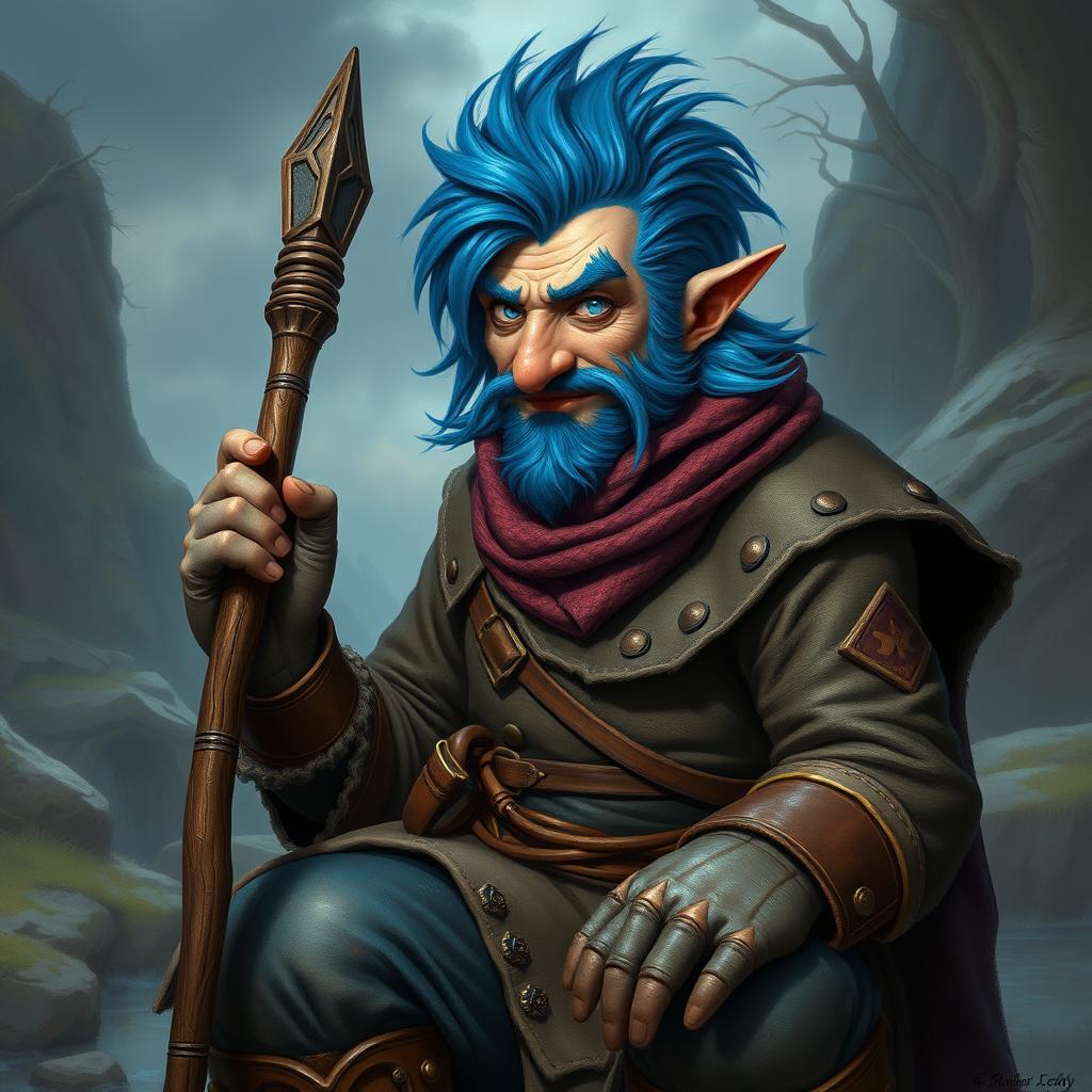 A realistic portrayal of an epic Dungeons and Dragons rogue Trickster, showcasing striking blue ice hair and prominent big sideburns