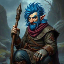 A realistic portrayal of an epic Dungeons and Dragons rogue Trickster, showcasing striking blue ice hair and prominent big sideburns