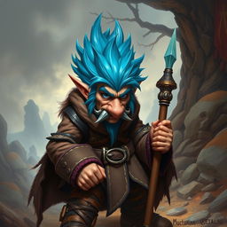 A realistic portrayal of an epic Dungeons and Dragons rogue Trickster, showcasing striking blue ice hair and prominent big sideburns