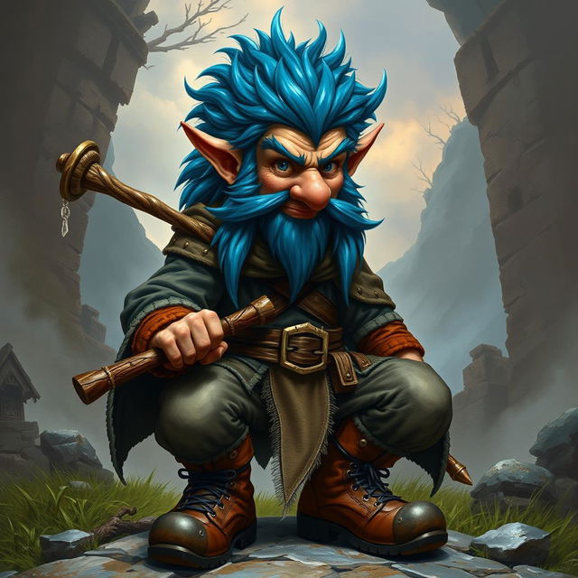 A realistic portrayal of an epic Dungeons and Dragons rogue Trickster, showcasing striking blue ice hair and prominent big sideburns