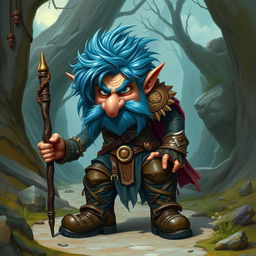 A realistic portrayal of an epic Dungeons and Dragons rogue Trickster, showcasing striking blue ice hair and prominent big sideburns