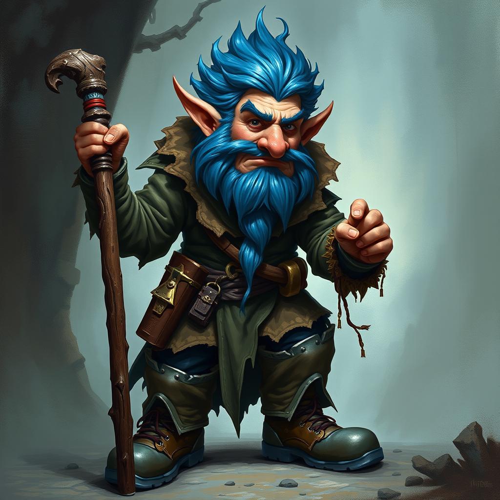 A realistic depiction of an epic Dungeons and Dragons Trickster, characterized by his striking blue ice hair and prominent big sideburns