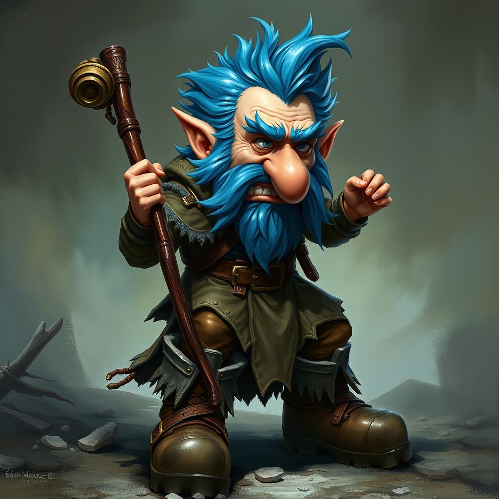 A realistic depiction of an epic Dungeons and Dragons Trickster, characterized by his striking blue ice hair and prominent big sideburns