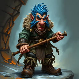 A realistic depiction of an epic Dungeons and Dragons Trickster, characterized by his striking blue ice hair and prominent big sideburns