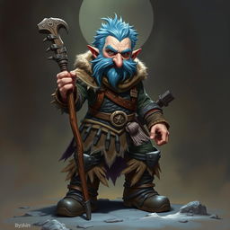 A realistic depiction of an epic Dungeons and Dragons Trickster, characterized by his striking blue ice hair and prominent big sideburns