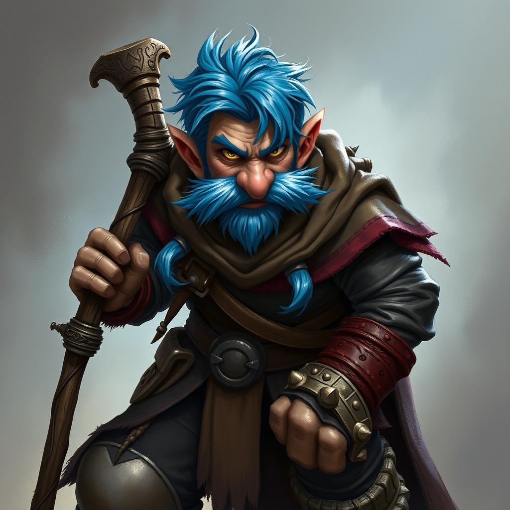 A realistic depiction of an epic Dungeons and Dragons thief, featuring striking blue ice hair and prominent big sideburns