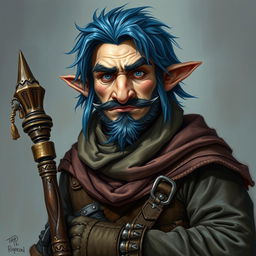 A realistic depiction of an epic Dungeons and Dragons thief, featuring striking blue ice hair and prominent big sideburns