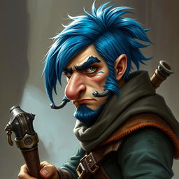 A realistic depiction of an epic Dungeons and Dragons thief, featuring striking blue ice hair and prominent big sideburns