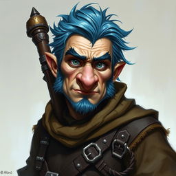 A realistic depiction of an epic Dungeons and Dragons thief, featuring striking blue ice hair and prominent big sideburns