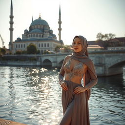 A stunning 35-year-old woman in a glamorous, modest Islamic swimsuit-bikini, gracefully posing beside a beautiful mosque next to a serene river