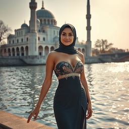 A stunning 35-year-old woman in a glamorous, modest Islamic swimsuit-bikini, gracefully posing beside a beautiful mosque next to a serene river