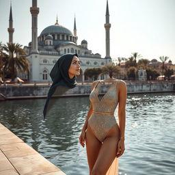 A stunning 35-year-old woman in a glamorous, modest Islamic swimsuit-bikini, gracefully posing beside a beautiful mosque next to a serene river