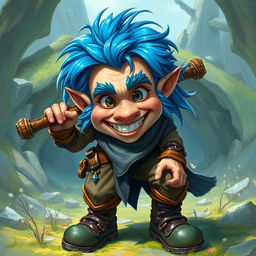 A realistic depiction of an epic Dungeons and Dragons happy thief, featuring striking blue ice hair and prominent big sideburns