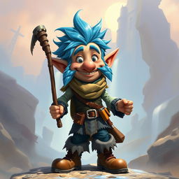 A realistic depiction of an epic Dungeons and Dragons happy thief, featuring striking blue ice hair and prominent big sideburns