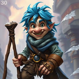 A realistic depiction of an epic Dungeons and Dragons happy thief, featuring striking blue ice hair and prominent big sideburns