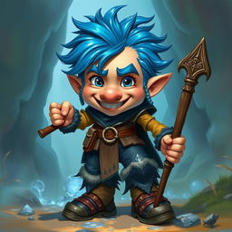 A realistic depiction of an epic Dungeons and Dragons happy rogue, featuring striking blue ice hair and prominent big sideburns