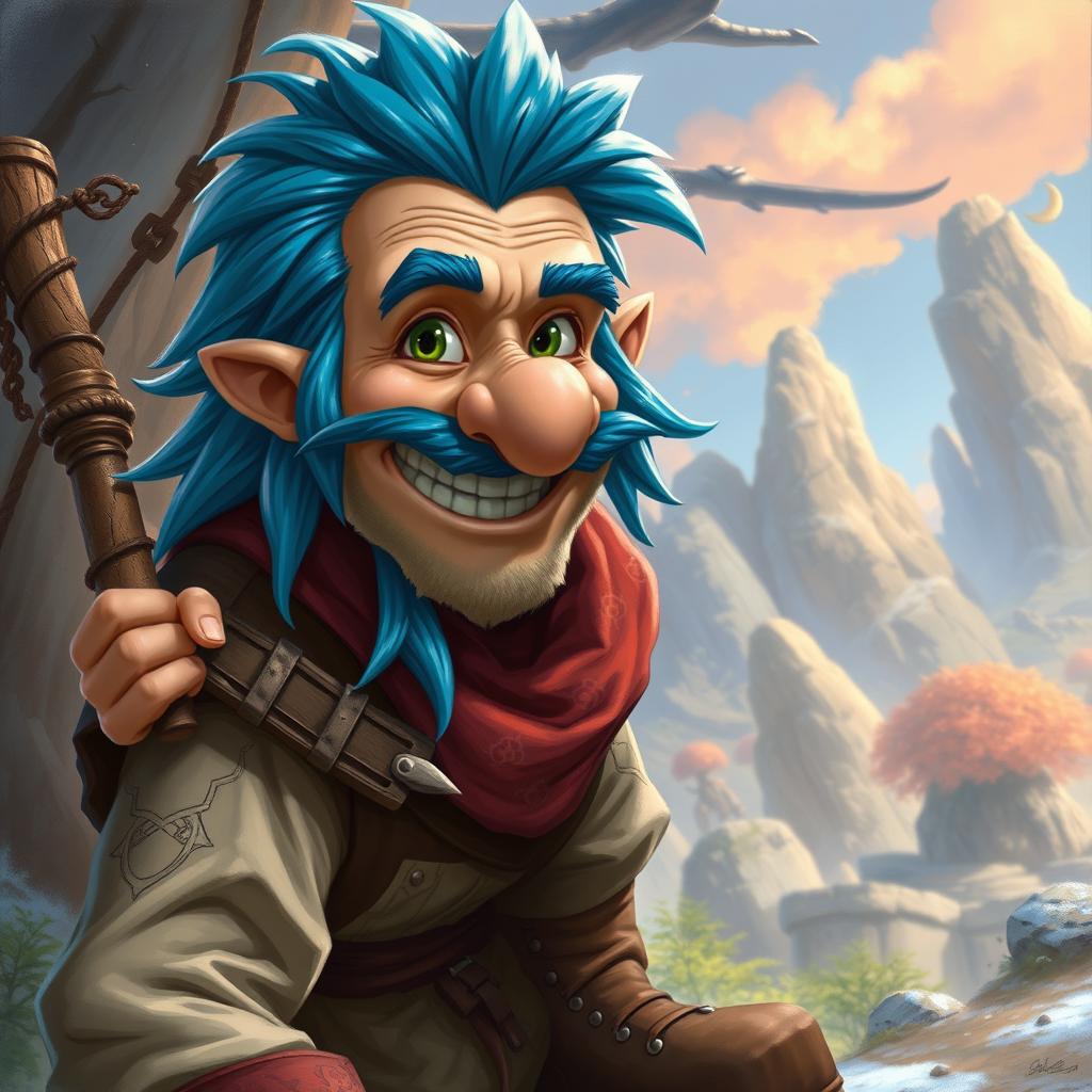 A realistic depiction of an epic Dungeons and Dragons happy rogue, featuring striking blue ice hair and prominent big sideburns