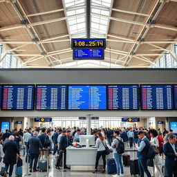 An airport scene with large screens displaying departures to various destinations