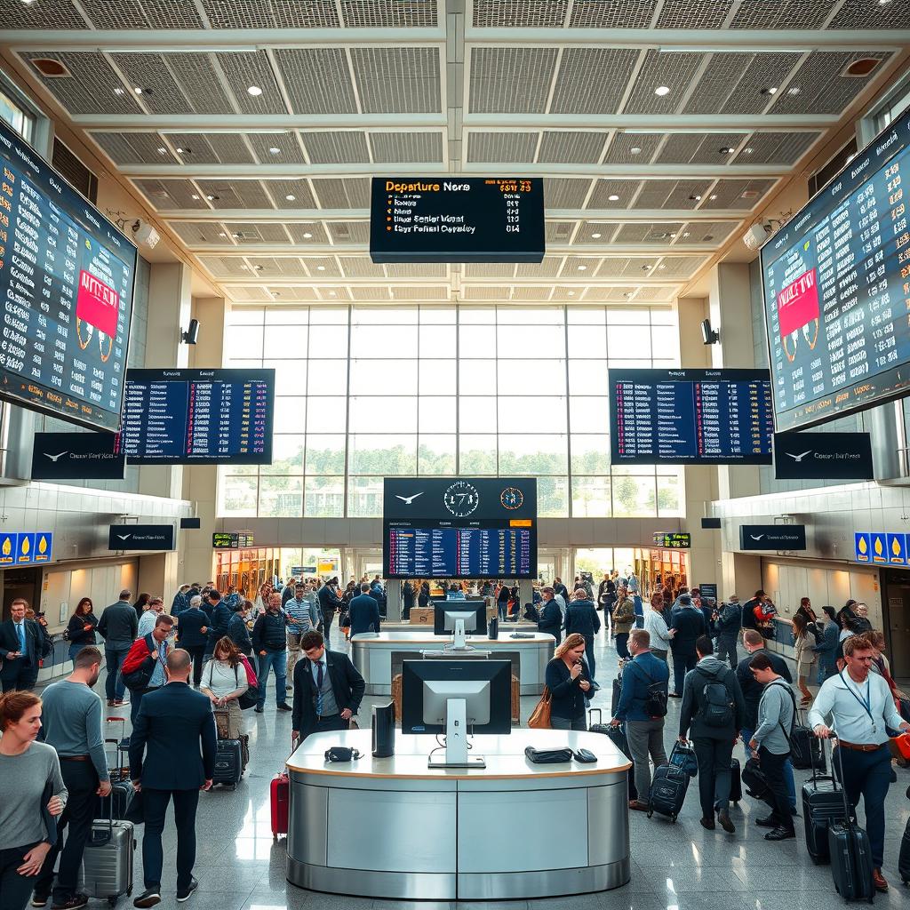 An airport scene with large screens displaying departures to various destinations