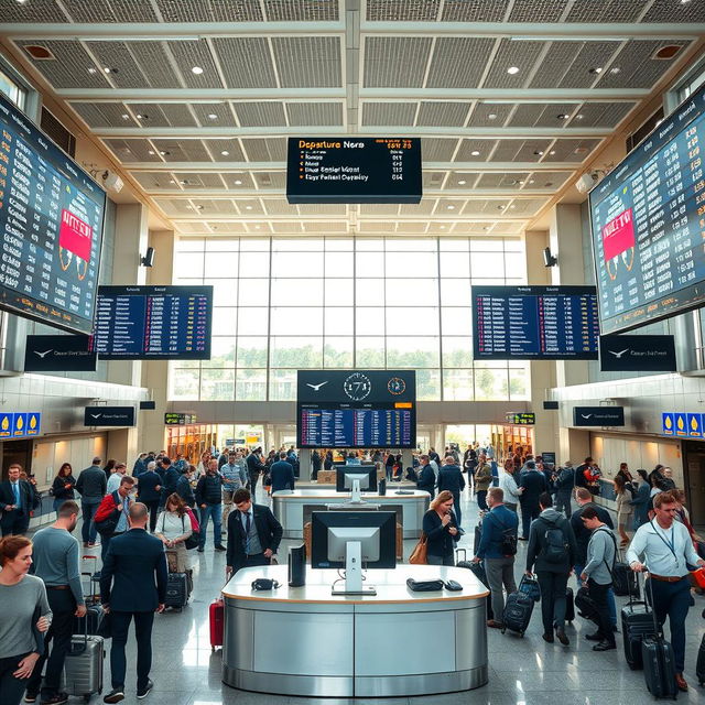 An airport scene with large screens displaying departures to various destinations