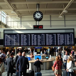 An airport scene with large screens displaying departures to various destinations