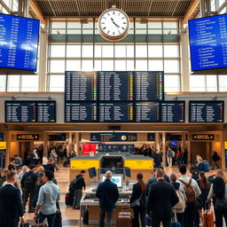 An airport scene with large screens displaying departures to various destinations