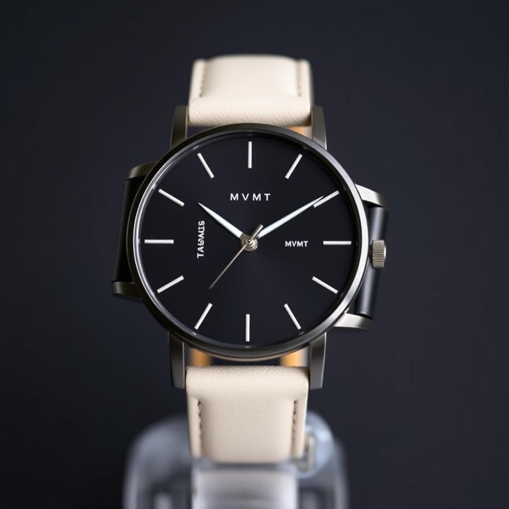 a stylish and modern watch inspired by the MVMT brand, featuring a sleek minimalistic design with a black matte finish, elegant white watch hands, and an uncluttered face with subtle branding