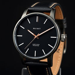 a stylish and modern watch inspired by the MVMT brand, featuring a sleek minimalistic design with a black matte finish, elegant white watch hands, and an uncluttered face with subtle branding