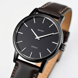 a stylish and modern watch inspired by the MVMT brand, featuring a sleek minimalistic design with a black matte finish, elegant white watch hands, and an uncluttered face with subtle branding