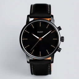 a stylish and modern watch inspired by the MVMT brand, featuring a sleek minimalistic design with a black matte finish, elegant white watch hands, and an uncluttered face with subtle branding