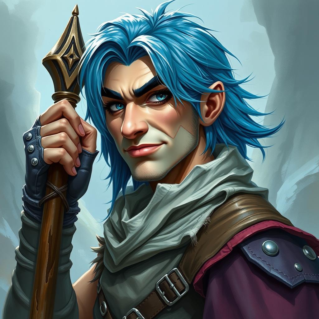 A realistic depiction of an epic Dungeons and Dragons seductive rogue, featuring striking blue ice hair and prominent big sideburns