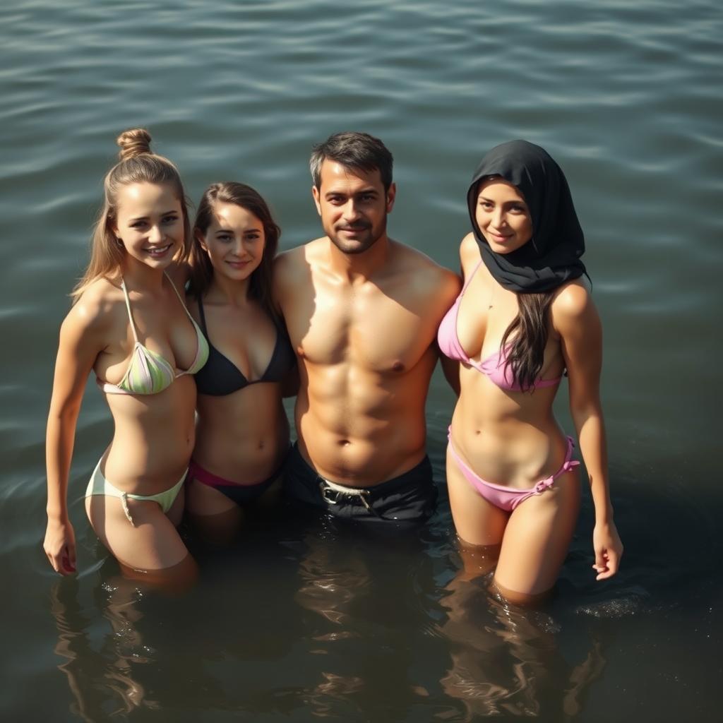 Two white-skinned girls with a European mix hairstyle and a 35-year-old busty Arab Muslim mom, all wearing bikini swimsuits and standing next to each other